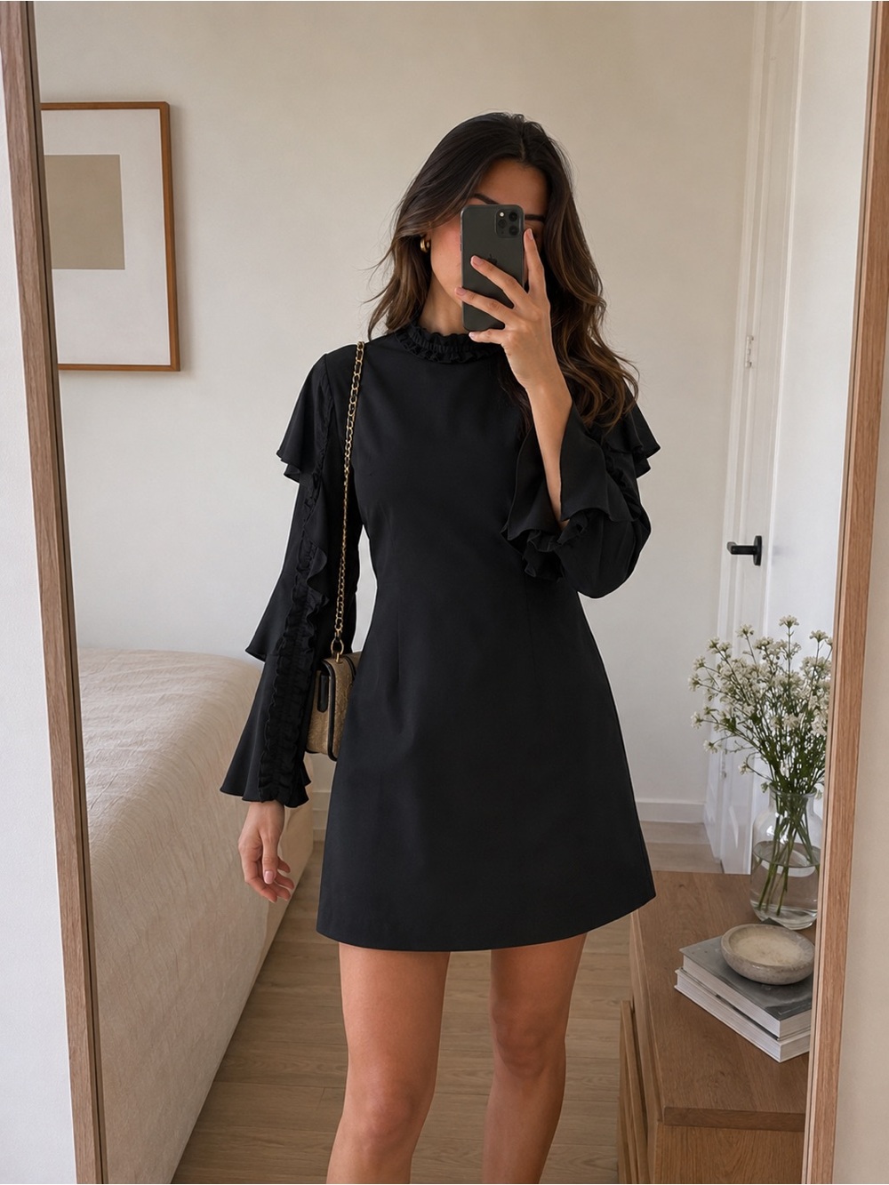 ALEXIS Black Ruffle Long Sleeve Mini Dress XS Elegant Cocktail Dress - Picture 1 of 12